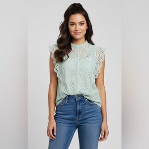 Cable & Gauge Lace Flutter Sleeve Blouse in Light Green